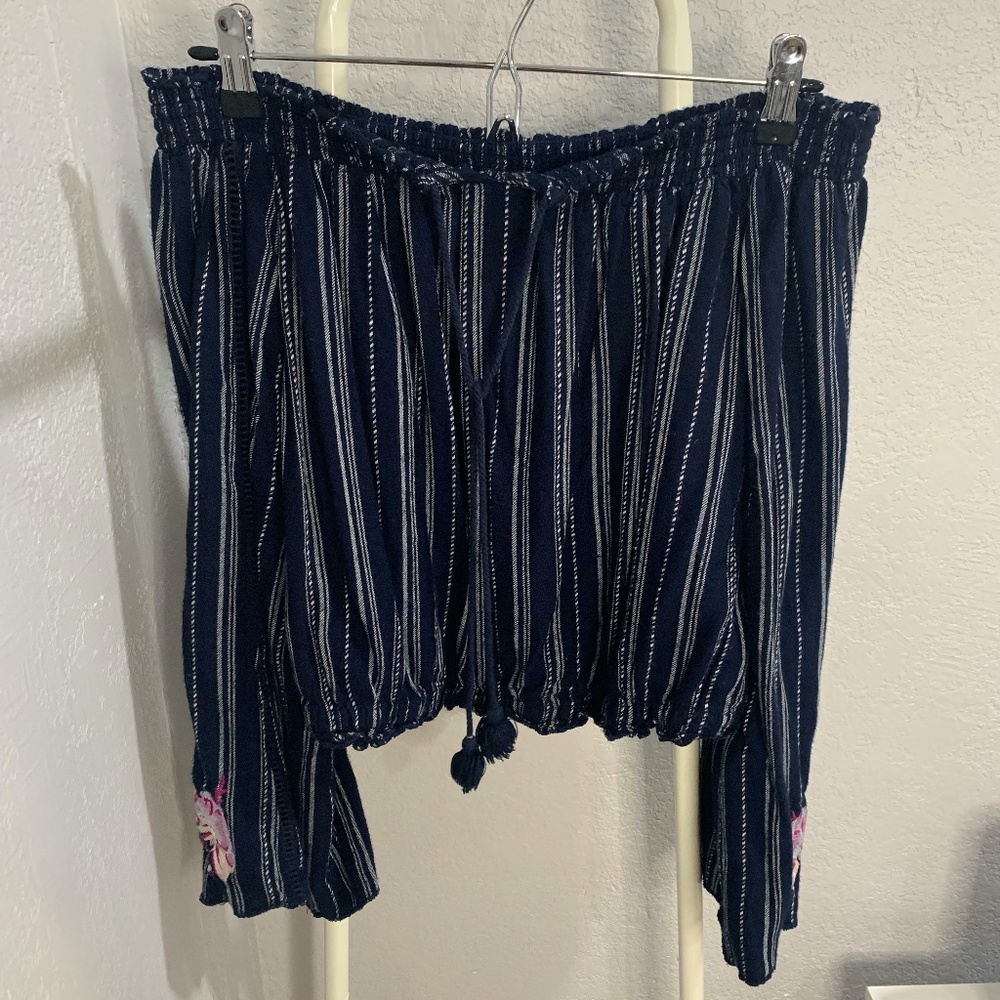 Off-the-shoulder Navy and White Striped Top with Floral Print on Sleeves, Size M